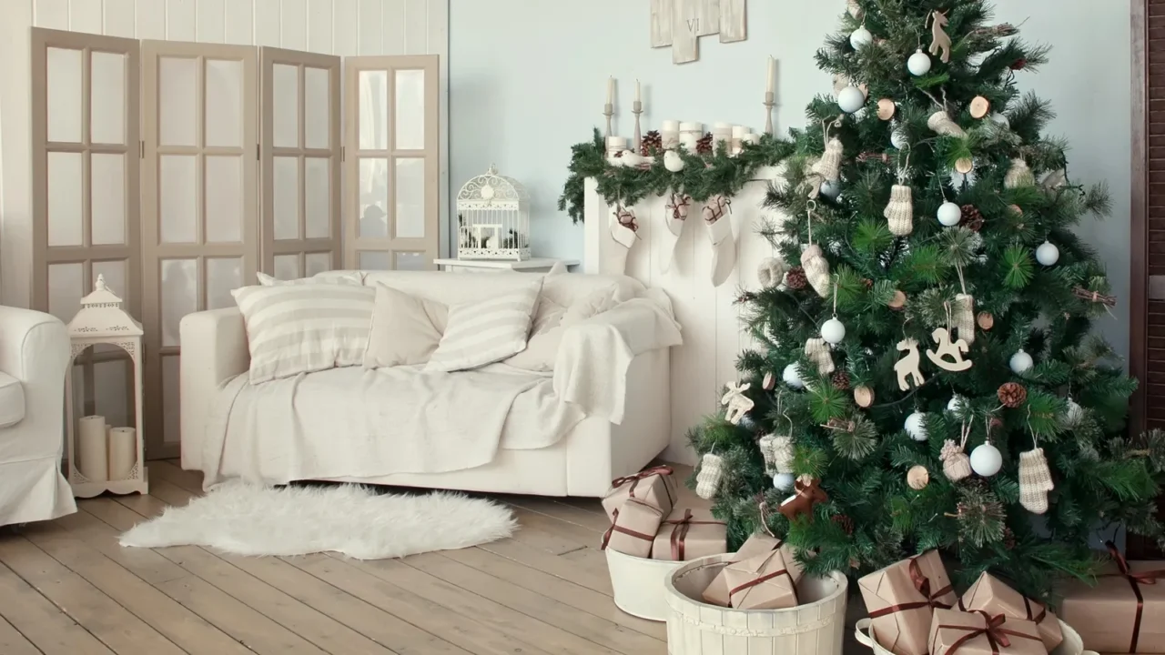 Christmas tree with presents underneath in living room