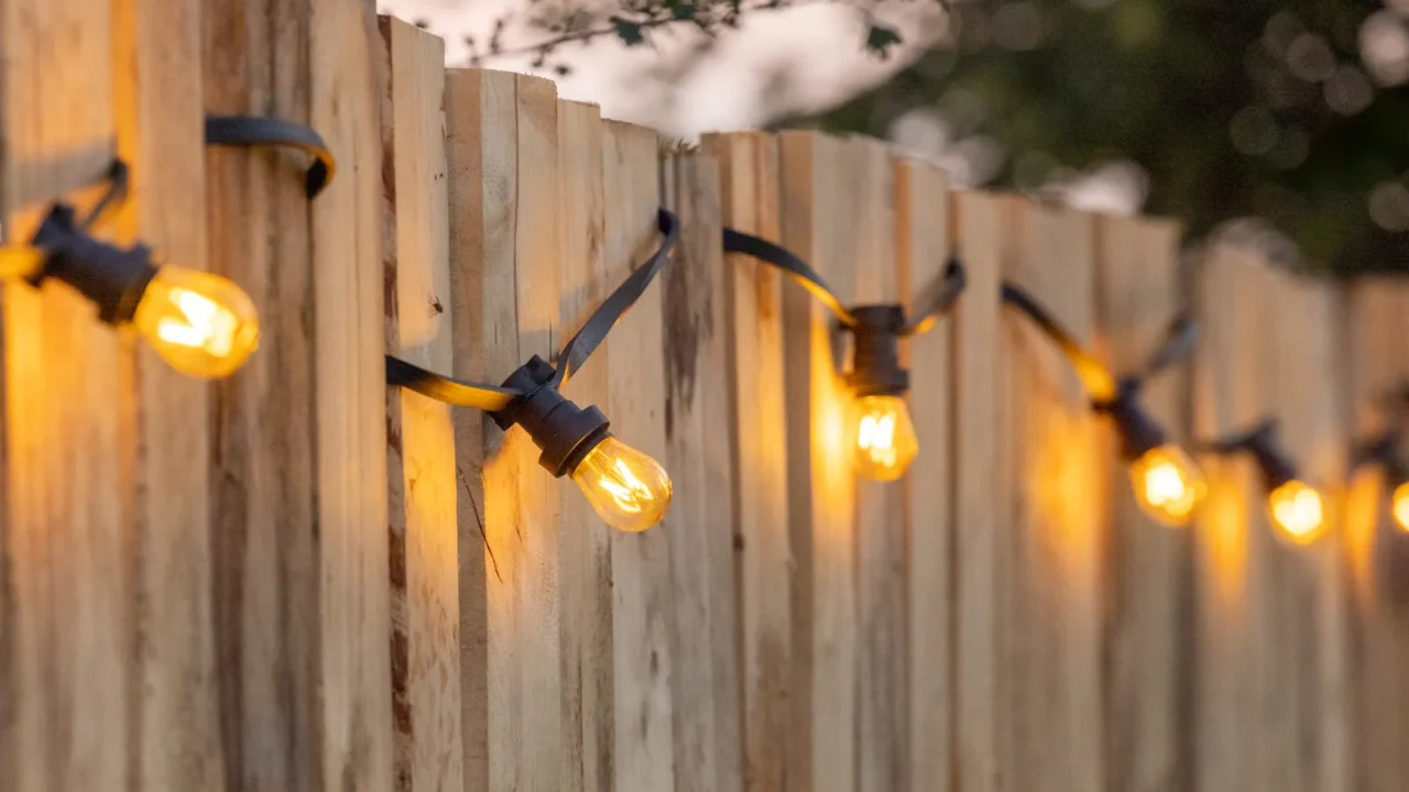 Cosy light bulbs lined up in a row, against a wooden garden fence. There are some green bushes and green grass in the background. Its a sunny Summer day evening at a country wedding or other