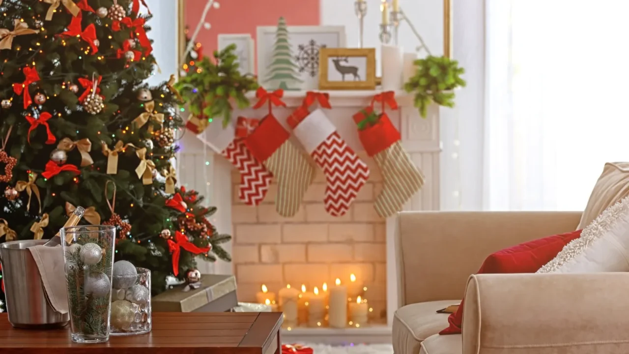 Cozy Christmas interior of living room with beautiful tree