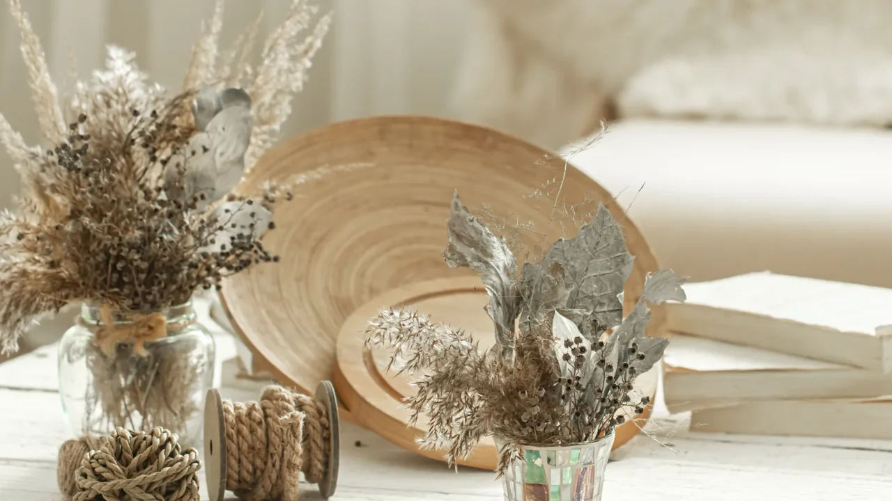 Decorative items in the cozy interior of the room , a vase with dried flowers on a light wooden table.