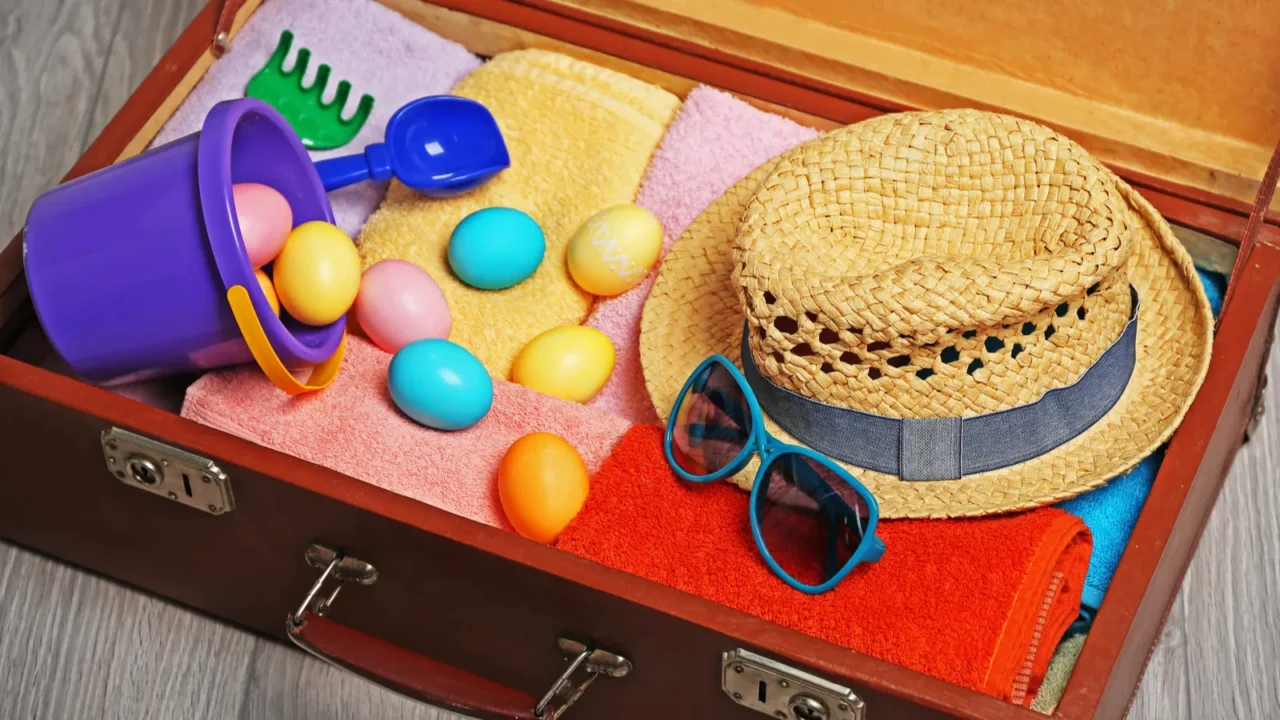 Easter eggs with open suitcase