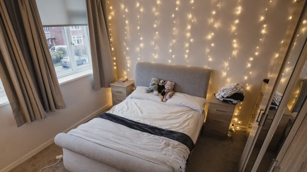 Empy student bedroom decorated with twinkle lights and teddy bears.