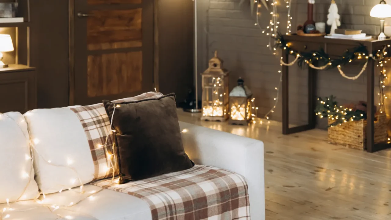 Festive living room setup with cozy sofa wrapped in string lights, plaid blanket, and cushions. Background includes a decorated console table, lanterns, and floor lamp.