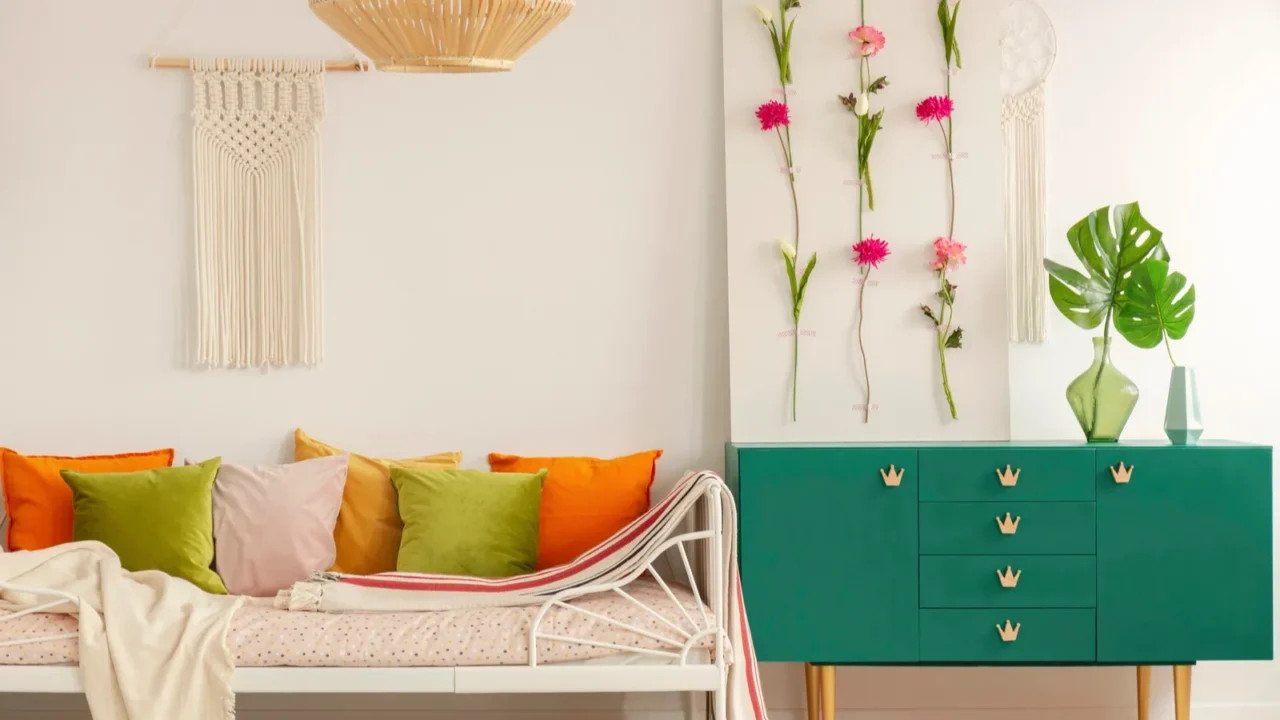 Golden lamp on pastel pink nightstand next to cozy bed with olive green, pastel pink, yellow and orange pillows