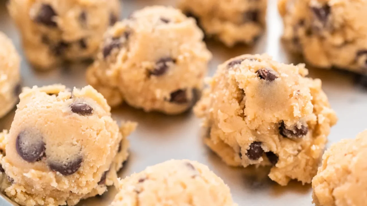 Homemade chocolate chip cookies dough scoops on a baking sheet.