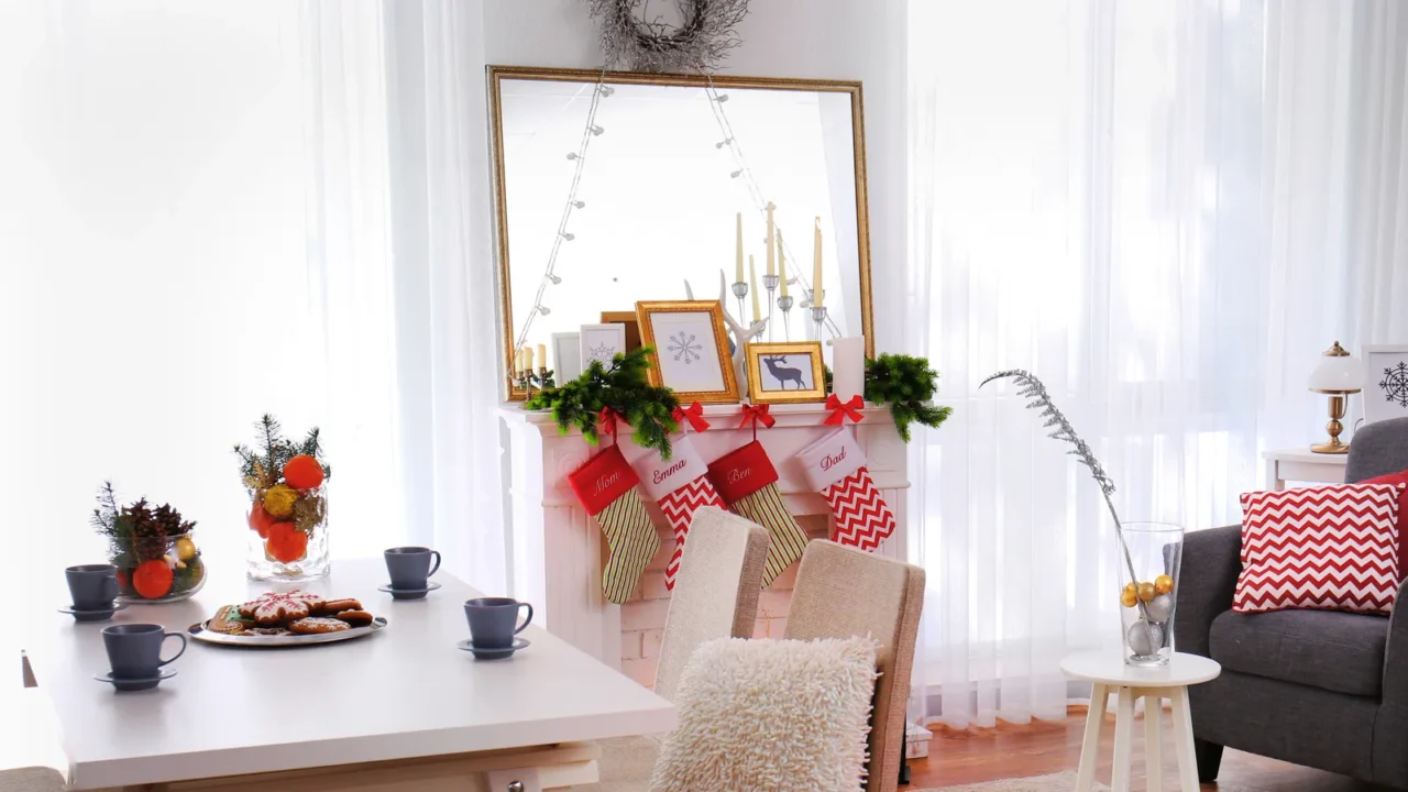 Interior of living room decorated for Christmas