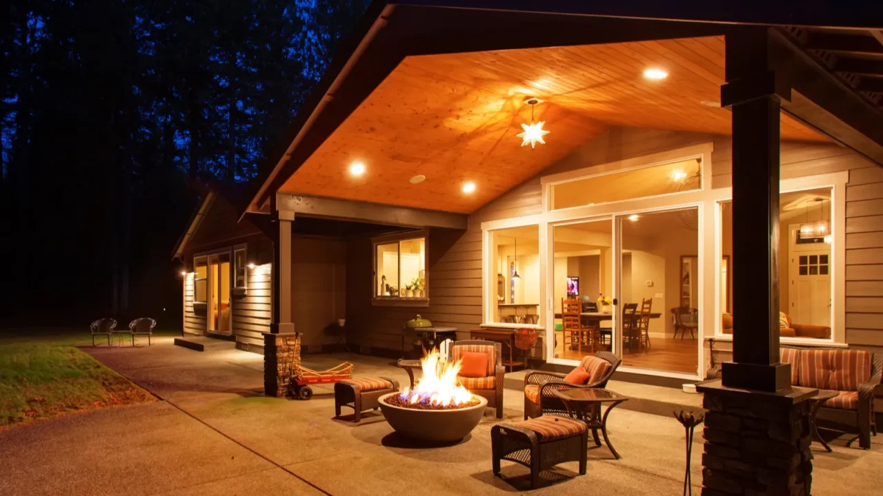 Large backyard with table chairs and firepit.