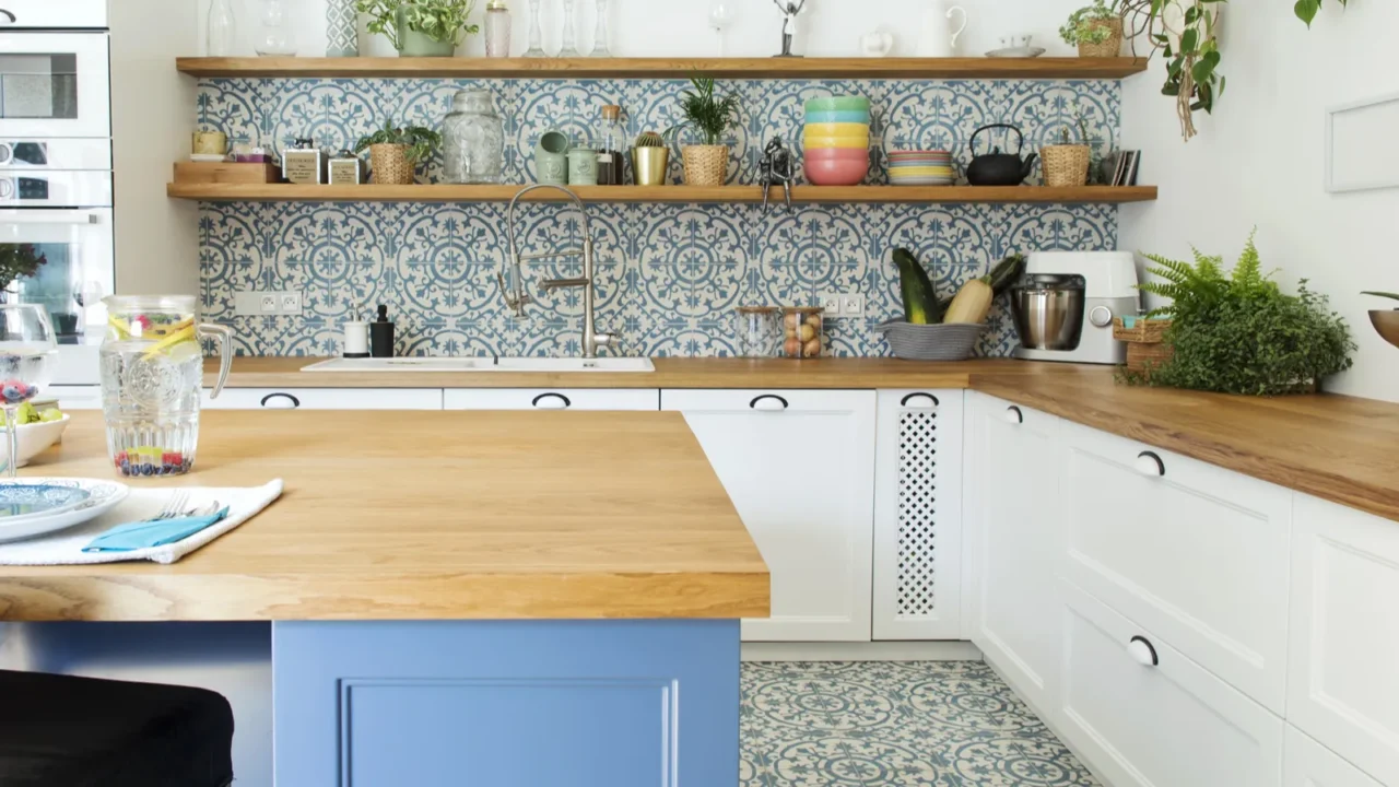 Light stylish kitchen in blue colors in Mediterranean style