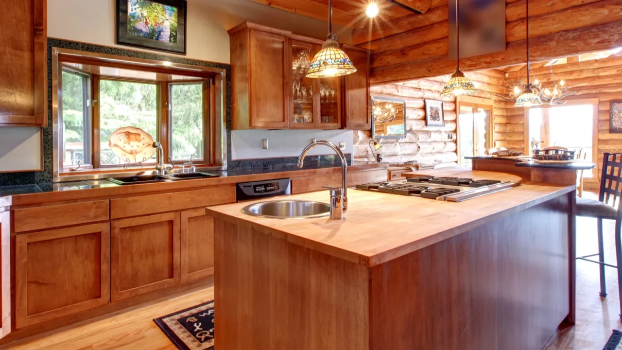 Log cabin large kitchen interior.