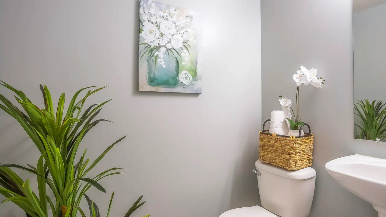 Lovely home bathroom interior decorated with flowers plants and painting