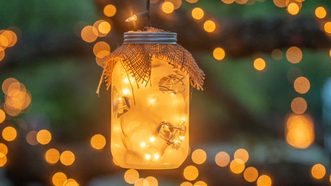 Mason jars filled with warm glowing lights decorations hanging from trees drapped in lights, close up