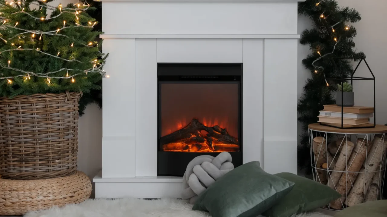 Modern fireplace in dining room decorated for Christmas