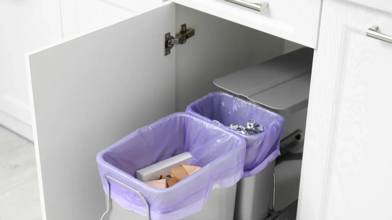 Open cabinet with full trash bins for separate waste collection in kitchen