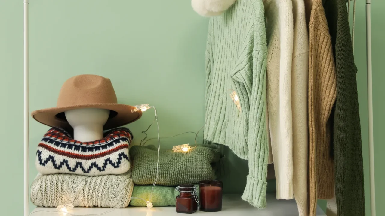 Rack with knitted sweaters, accessories and glowing lights near green wall