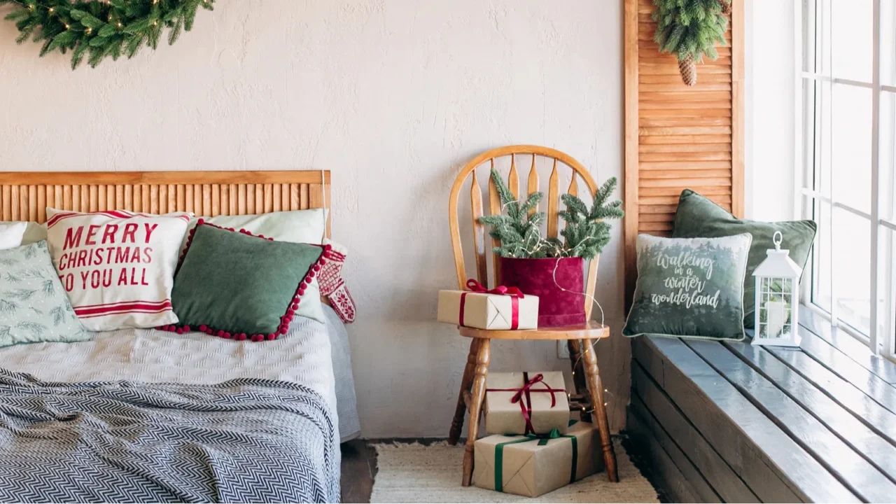 Rustic room decoration for Christmas parties with gift boxes and pine needles green brown beige