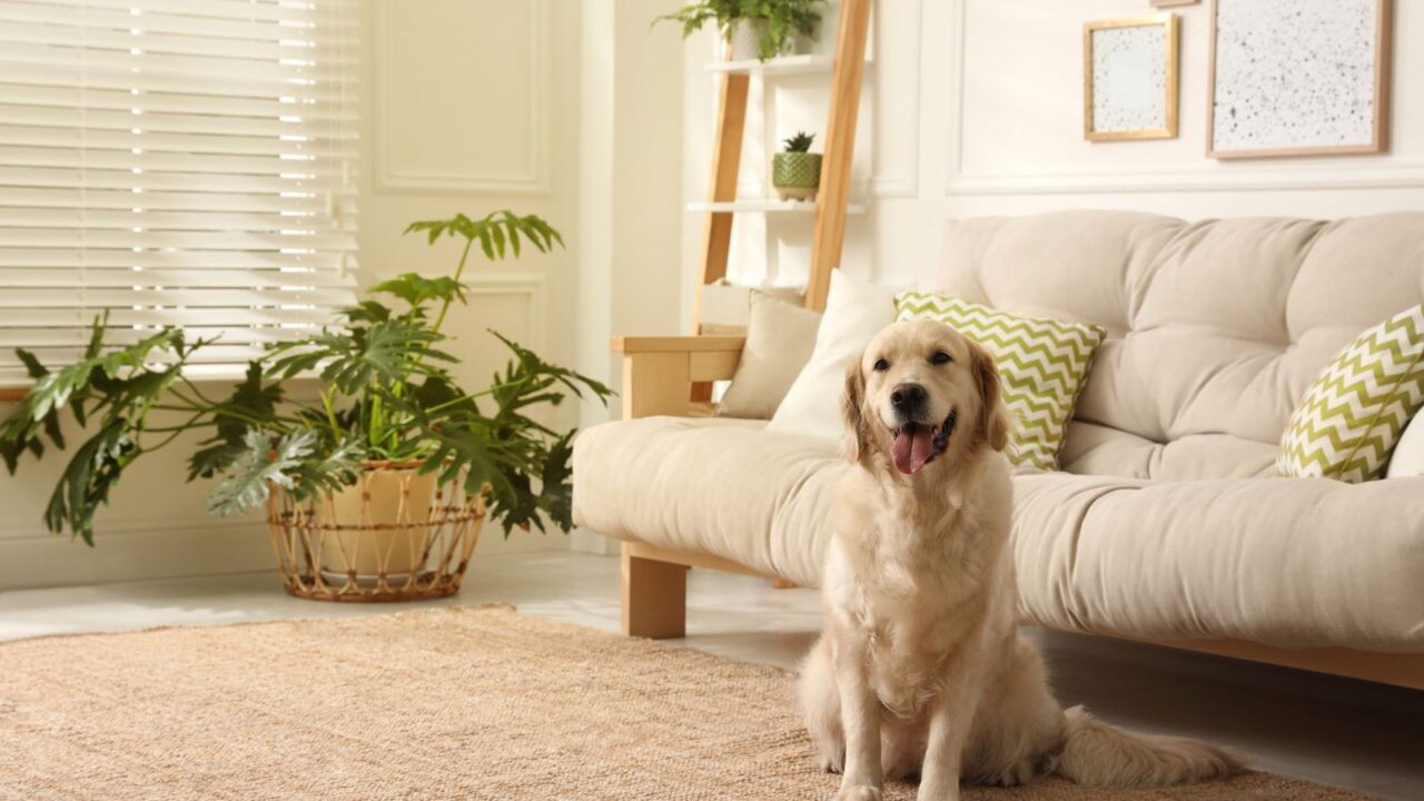 Adorable Golden Retriever dog in living room.