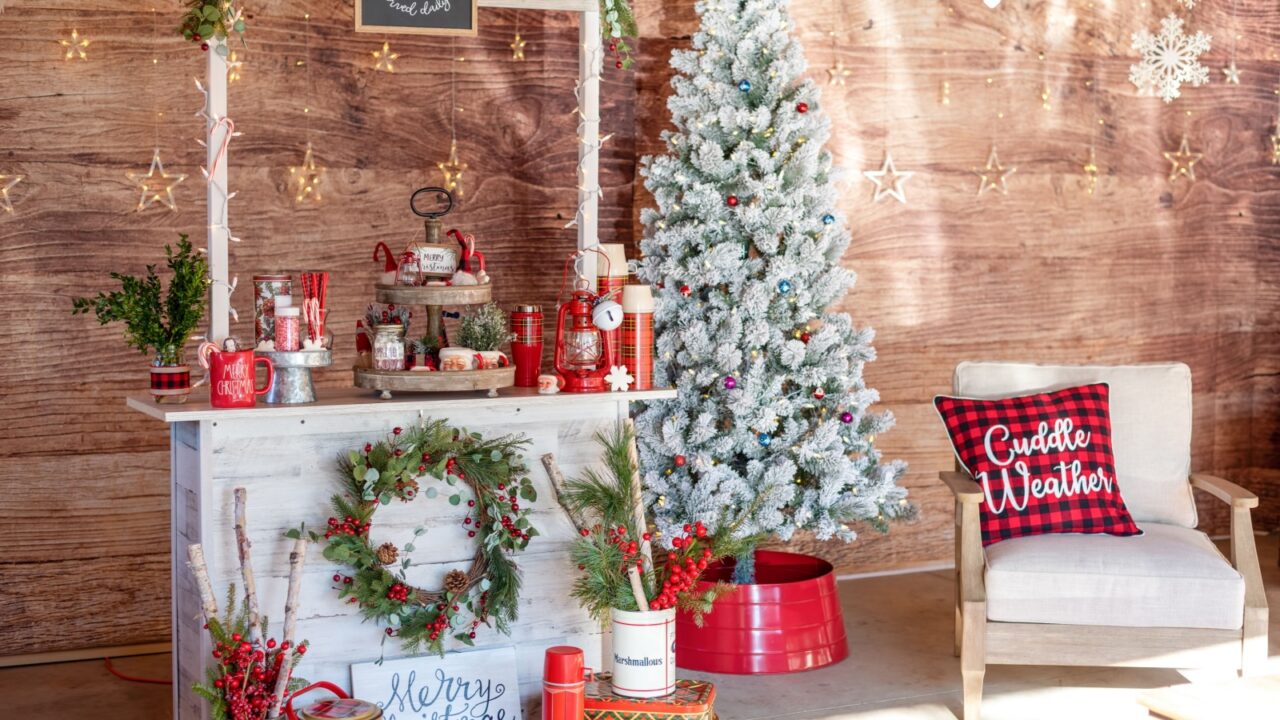 Hot cocoa bar decorated for the winter holidays