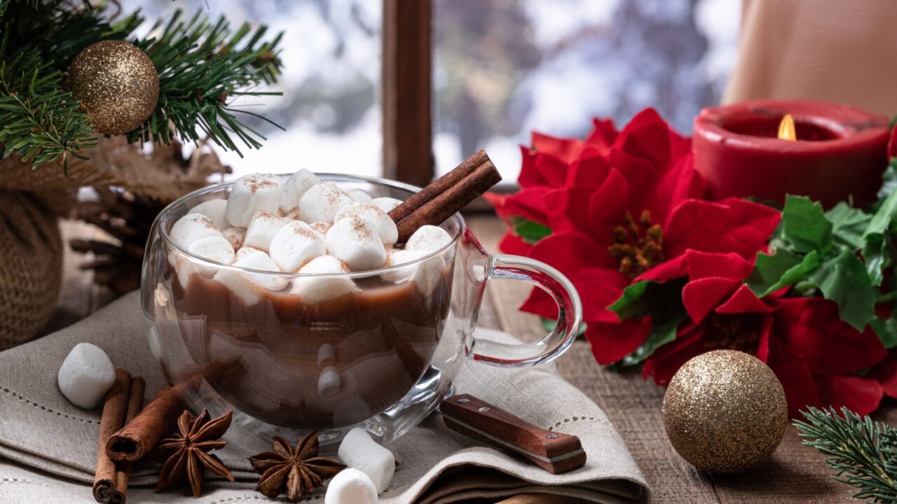 A cup of hot chocolate with marshmallow topping, cinnamon sticks, and holiday decor accents on a table.