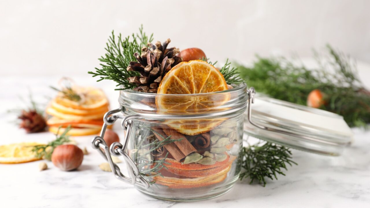 Aroma potpourri with different spices on white marble table