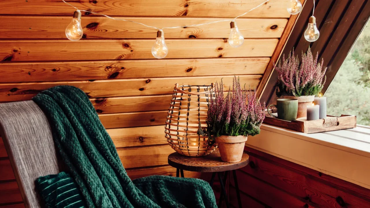 Small natural color wooden cabin balcony with heather flowers, candlelight flame, soft dark green plaid waiting on garden furniture chair. Cute autumn hygge home decor arrangement.