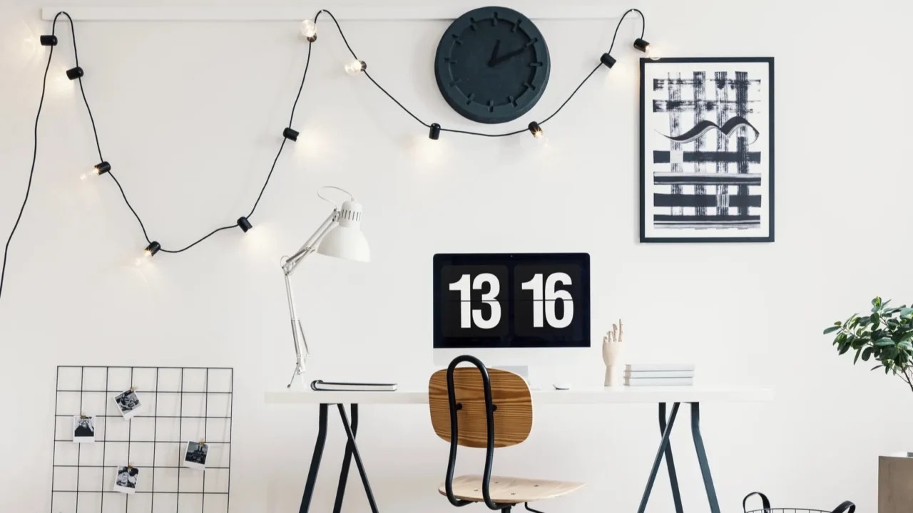 String lights with bulbs on a white wall in a stylish workspace interior for a student with herringbone parquet floor. Real photo.