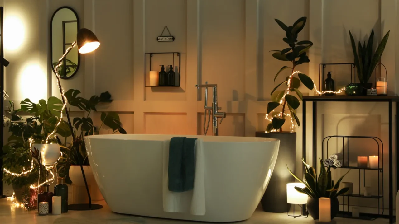 Stylish bathroom interior with houseplants and string lights. Home design