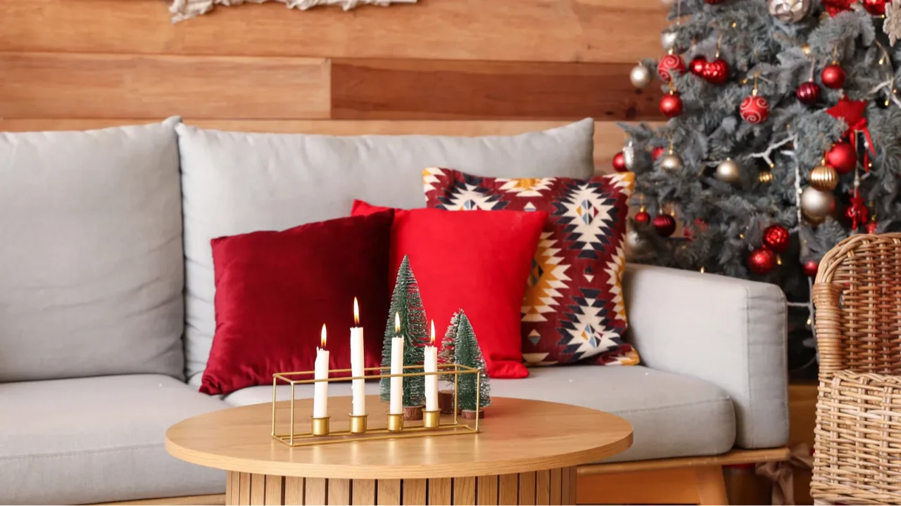 Stylish interior of modern living room with Christmas decor and burning candles