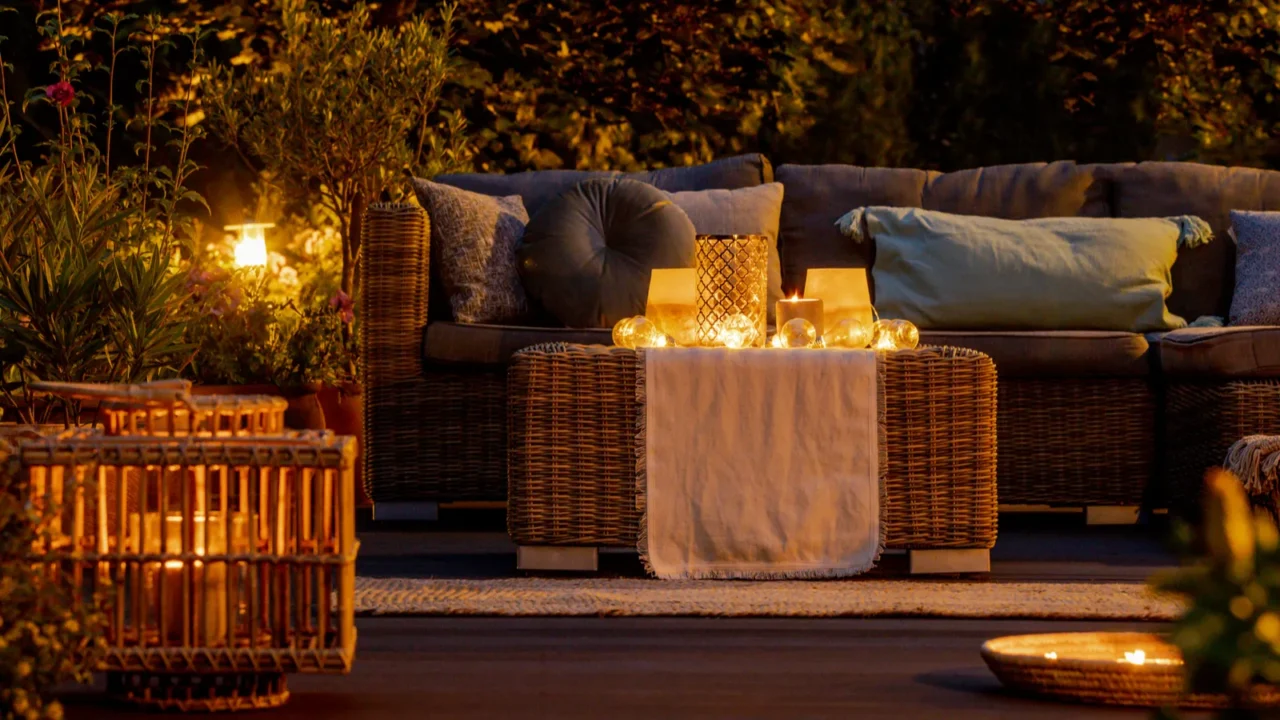 Trendy furniture, lights, Lanterns and candles in the garden at night.