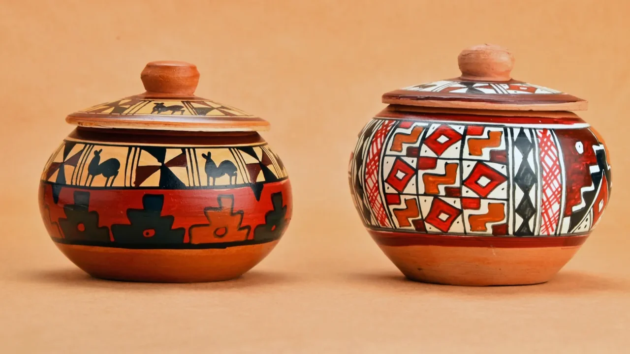 Two painted handmade ceramic pot with lids on kraft paper