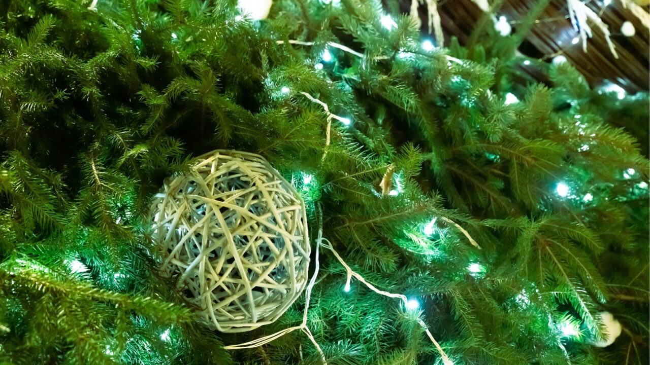 Wicker brown ball on a spruce branch decorated with a garland.