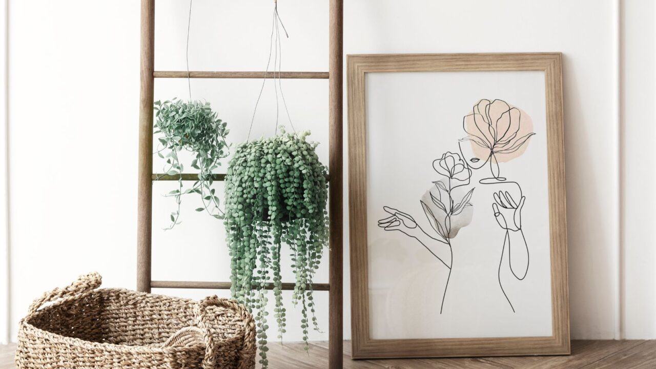 Wooden frame feminine line art woman illustration.