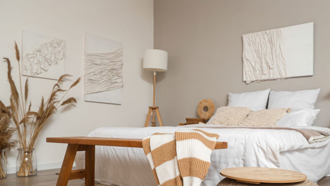 Bench, pouf and textured canvases in interior of bedroom.