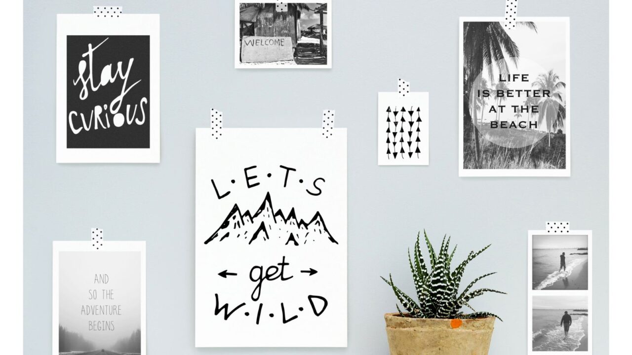 Inspirational quotations on wall. Summer, adventure, journey mood board with hanging on the gray wall with potted flower.