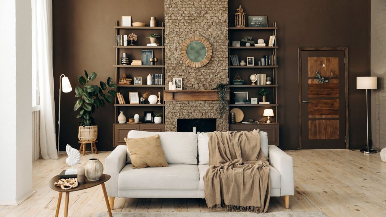 A cozy living room interior with white sofa with cushion and throw blanket, a small table, and a shelf with books, decor elements, and potted plants.