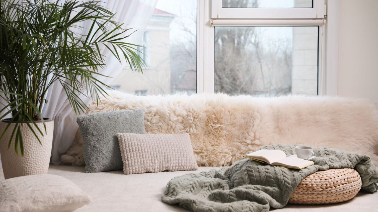 A faux fur throw, pillows, book, blanket, and plant near a window.