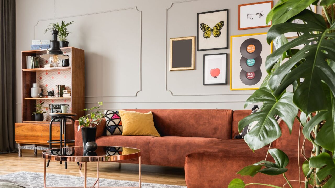 A living room interior with cozy sofa, coffee table, plant, shelf, and frames on the wall.