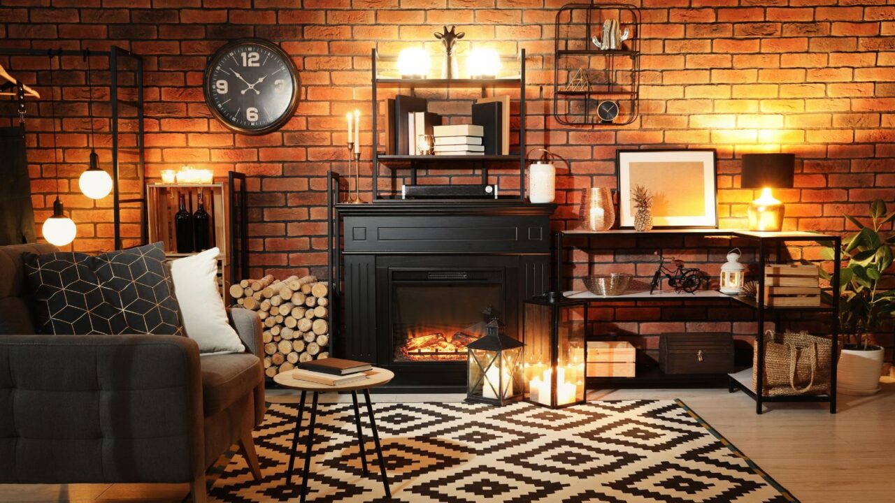 A cozy living room interior with sofa, coffee table, fireplace in front of a brick wall, console table with decor accents, and rug.