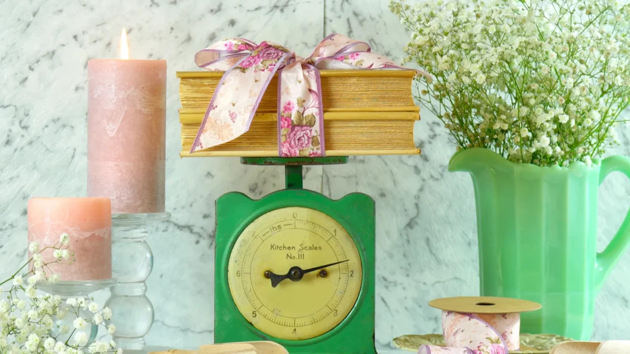 Vintage kitchen scale decor in soft dusty pink and mint green tones.