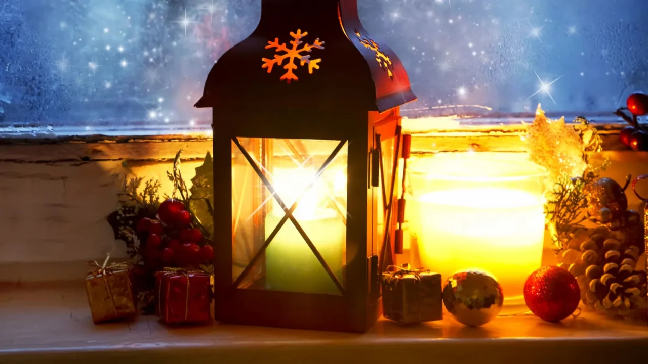 Warm Lantern on Frozen Window,Winter Magic