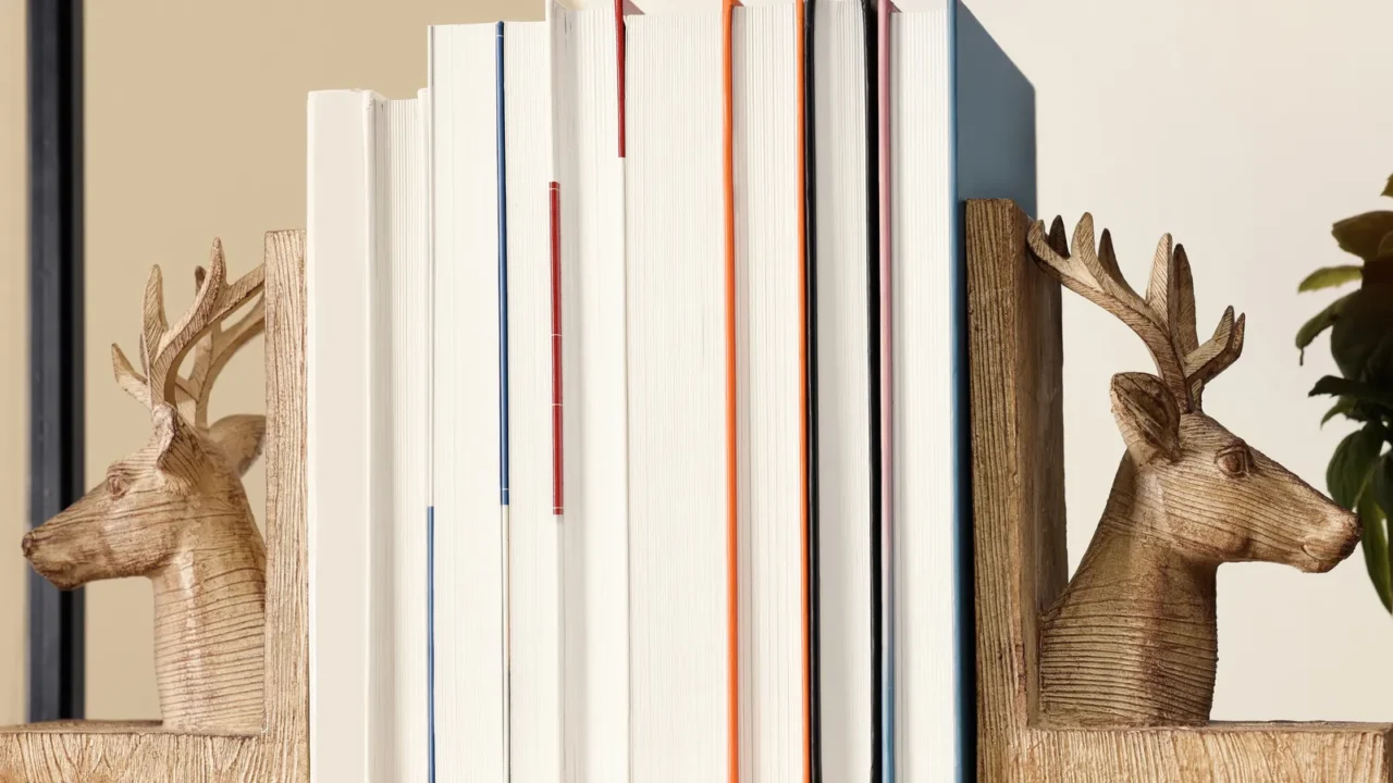 Wooden deer shaped bookends with books and plant on shelf indoors