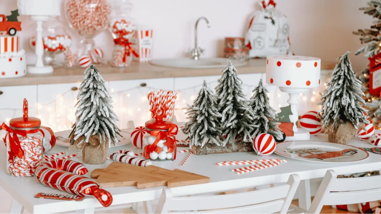 a cheerful kitchen adorned with red and white decorations for