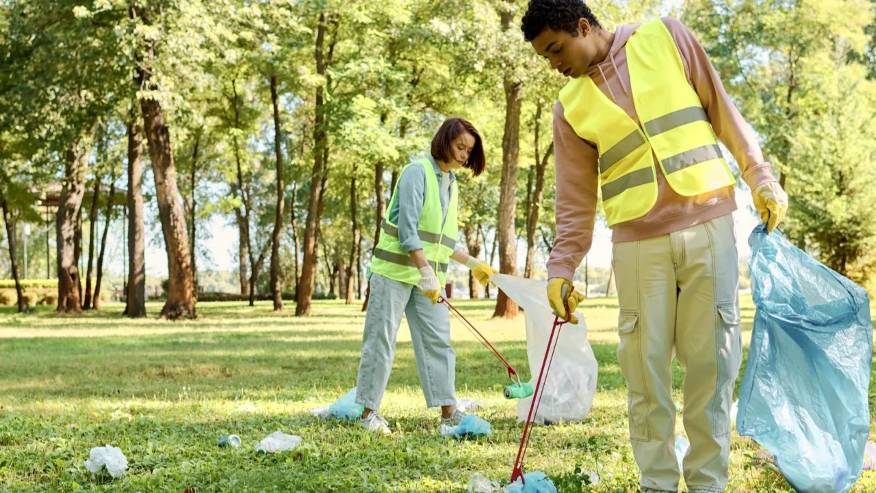 a diverse couple in safety vests and gloves lovingly clean