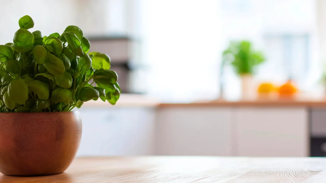 A fresh herb plant in a cozy kitchen setting.