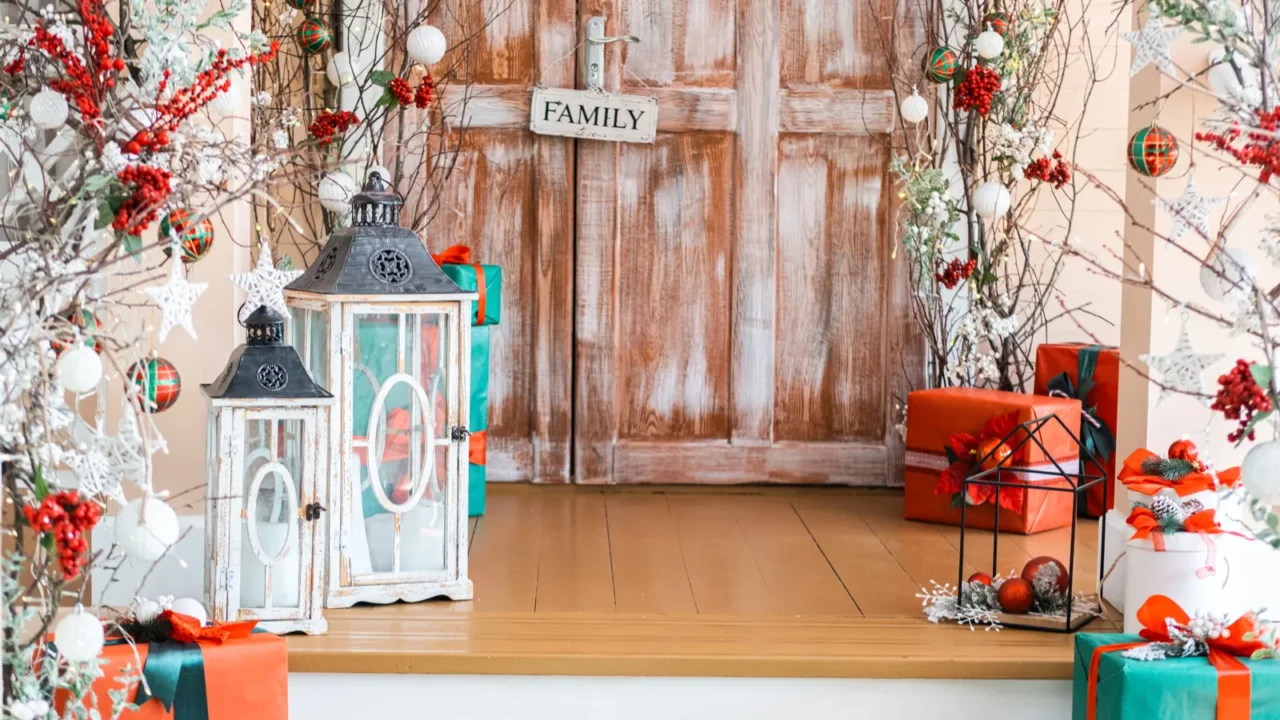 a welcoming entrance adorned with red and green gift boxes