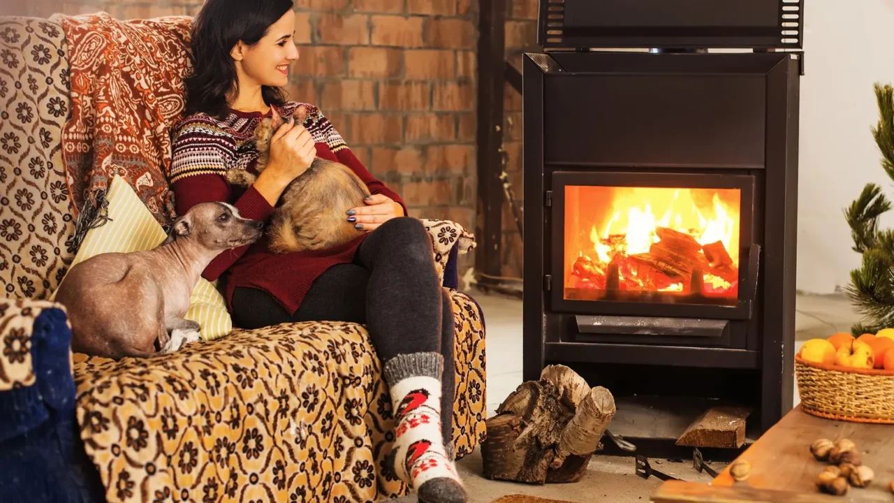 a young caucasian smiling woman sitting near a fireplace with