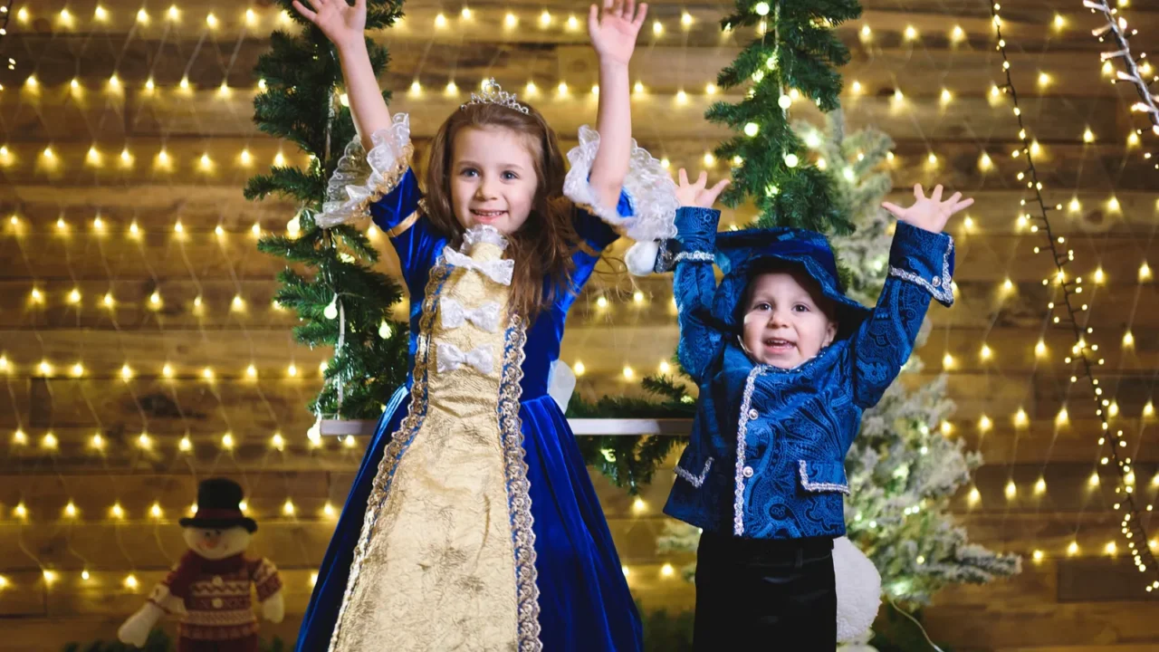 adorable little boy with girl in decorated christmas house with