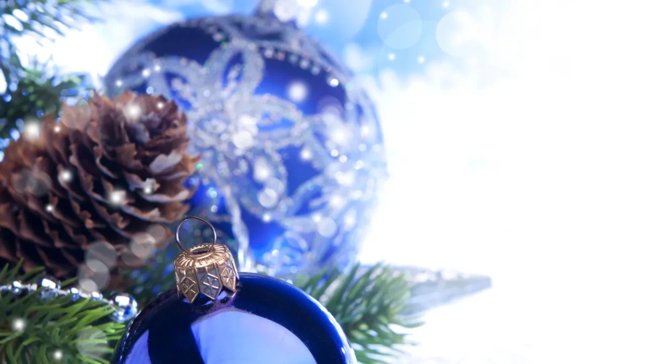 Christmas metallic blue and silver baubles.