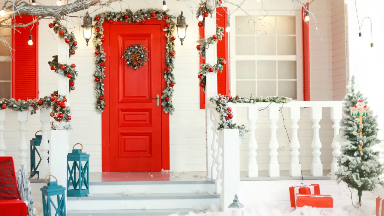 background of christmas decorative house in new year winter traditional