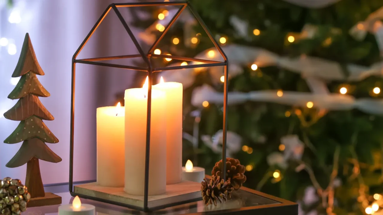 Beautiful christmas decorations on table in living room.