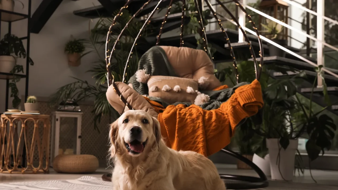 beautiful golden retriever dog resting near hanging chair on indoor